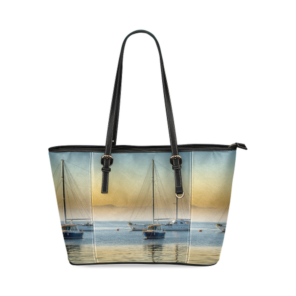 Calm Boats Leather Tote Bag
